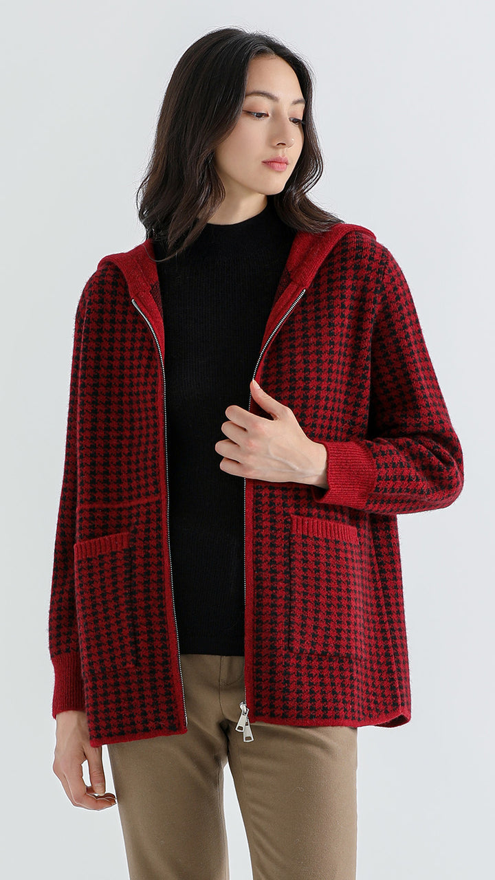 Discover the Shambala 100% Yak Houndstooth Cardigan with Hood. Crafted from premium yak wool for ultimate softness and warmth, this stylish cardigan is perfect for cool weather and everyday wear.