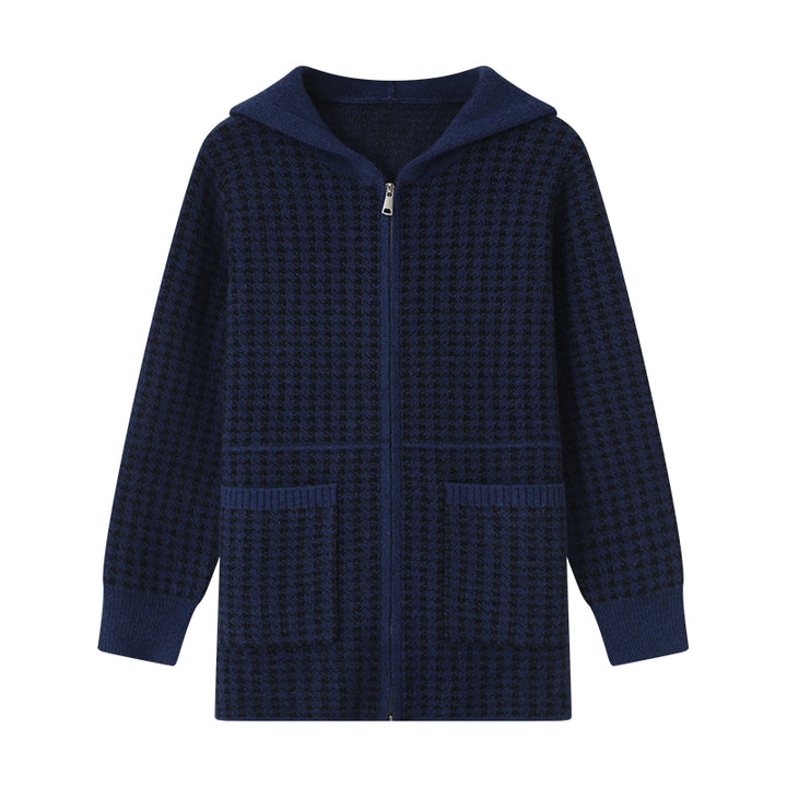 Discover the Shambala 100% Yak Houndstooth Cardigan with Hood. Crafted from premium yak wool for ultimate softness and warmth, this stylish cardigan is perfect for cool weather and everyday wear.
